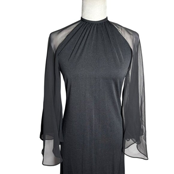 Vintage 70s Les Wilk Sheer Bell Sleeve Maxi Dress Small Black Evening Gown - Picture 2 of 10